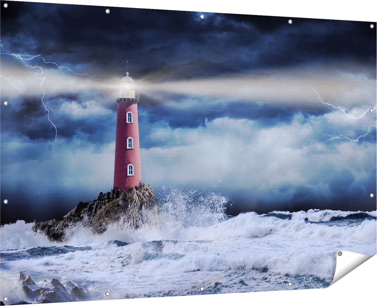 Gards Tuinposter Vuurtoren op een Storm Zee met Golfen Water - 180x120 cm - Tuindoek - Tuindecoratie - Wanddecoratie buiten - Tuinschilderij Multikleur