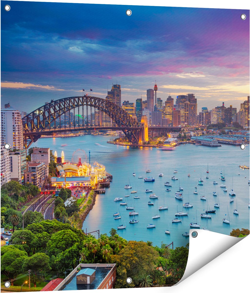 Gards Tuinposter Sydney Harbour Bridge in de Avond - 80x80 cm - Tuindoek - Tuindecoratie - Wanddecoratie buiten - Tuinschilderij Multikleur