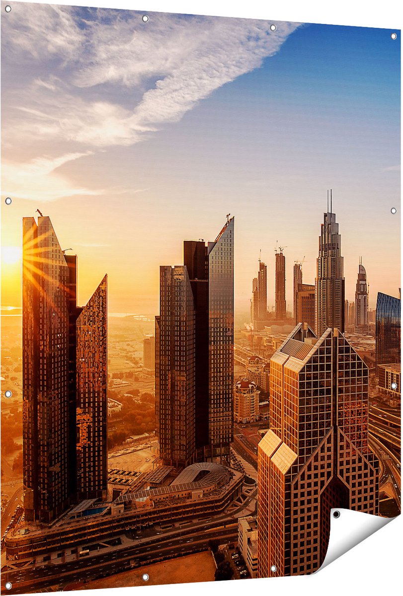 Gards Tuinposter Dubai Stad bij Zonsopgang - 120x150 cm - Tuindoek - Tuindecoratie - Wanddecoratie buiten - Tuinschilderij Multikleur