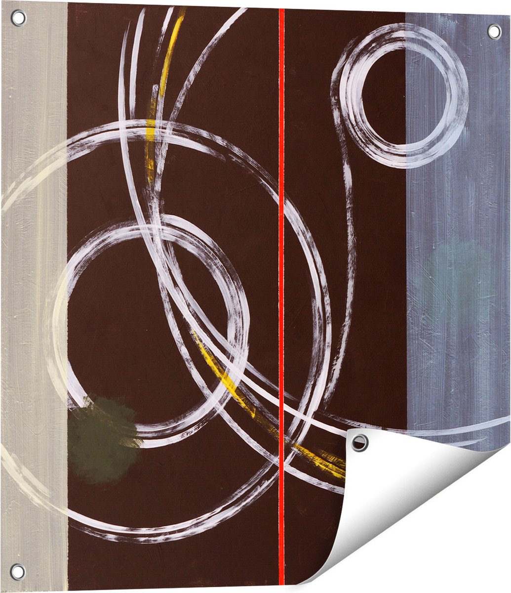 Gards Tuinposter Abstracte Cirkels met een Rode Lijn - 60x60 cm - Tuindoek - Tuindecoratie - Wanddecoratie buiten - Tuinschilderij Multikleur