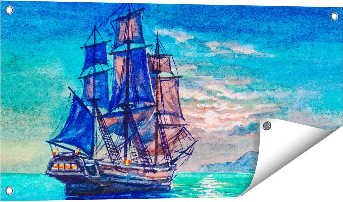 Gards Tuinposter Oude Piratenschip Zeilboot Getekend - 80x40 cm - Tuindoek - Tuindecoratie - Wanddecoratie buiten - Tuinschilderij Multikleur