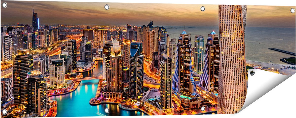 Gards Tuinposter Dubai Haven met de Stad - 120x40 cm - Tuindoek - Tuindecoratie - Wanddecoratie buiten - Tuinschilderij Multikleur