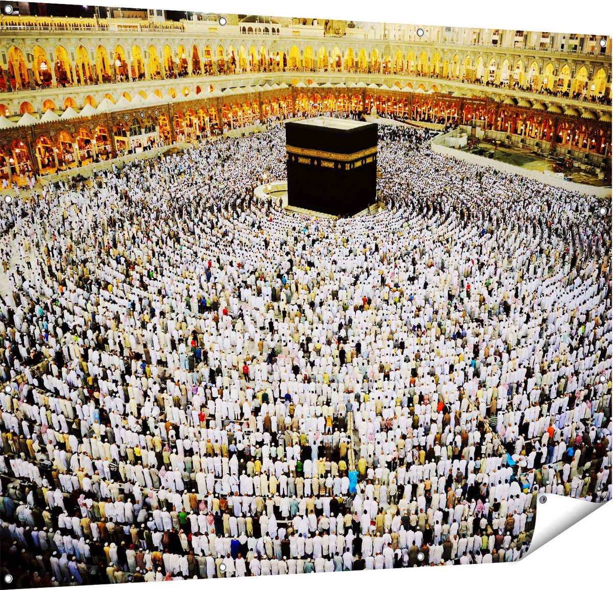 Gards Tuinposter Zwarte Steen in Mekka met Biddende Moslims - 150x120 cm - Tuindoek - Tuindecoratie - Wanddecoratie buiten - Tuinschilderij Multikleur