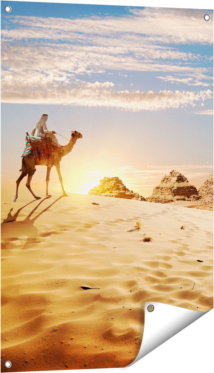 Gards Tuinposter Egyptische Piramides met een Kameel - 60x90 cm - Tuindoek - Tuindecoratie - Wanddecoratie buiten - Tuinschilderij Multikleur