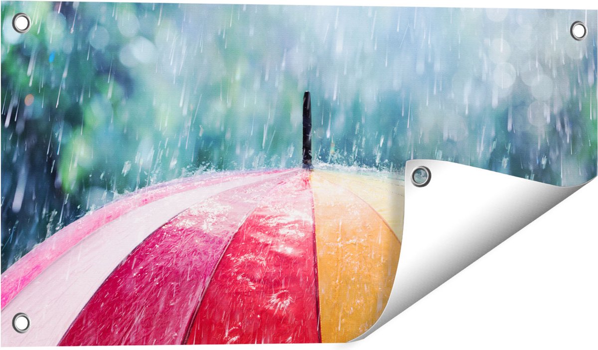 Gards Tuinposter Regenboog Paraplu met Regen - 60x30 cm - Tuindoek - Tuindecoratie - Wanddecoratie buiten - Tuinschilderij Multikleur