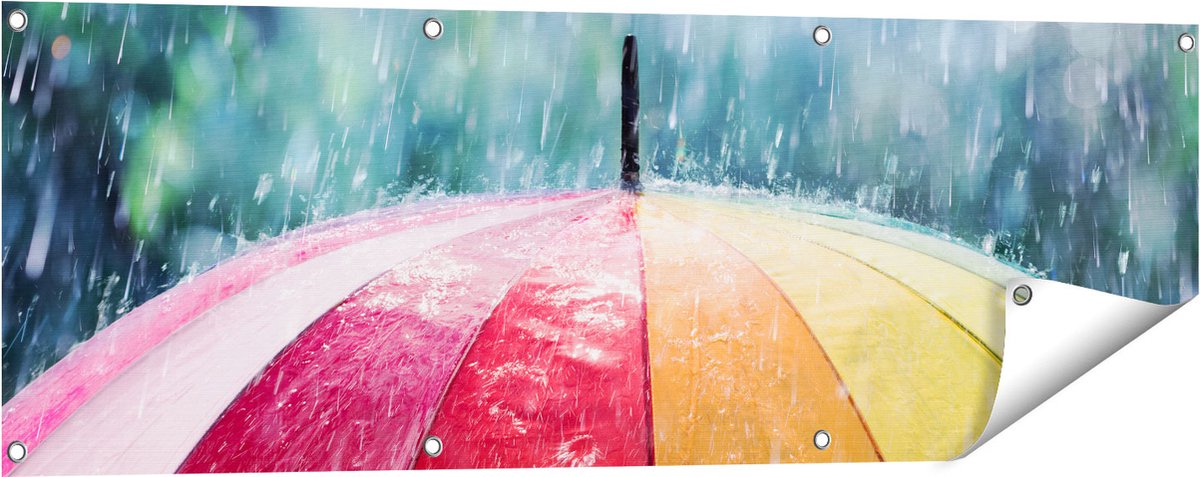 Gards Tuinposter Regenboog Paraplu met Regen - 120x40 cm - Tuindoek - Tuindecoratie - Wanddecoratie buiten - Tuinschilderij Multikleur