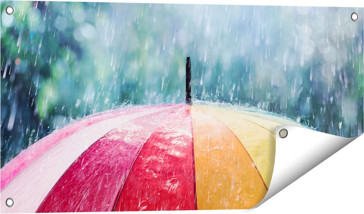 Gards Tuinposter Regenboog Paraplu met Regen - 80x40 cm - Tuindoek - Tuindecoratie - Wanddecoratie buiten - Tuinschilderij Multikleur