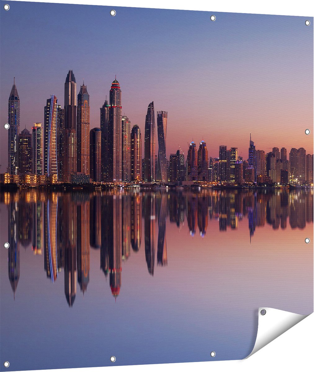Gards Tuinposter Skyline Dubai Stad bij Zonsondergang - 110x110 cm - Tuindoek - Tuindecoratie - Wanddecoratie buiten - Tuinschilderij Multikleur