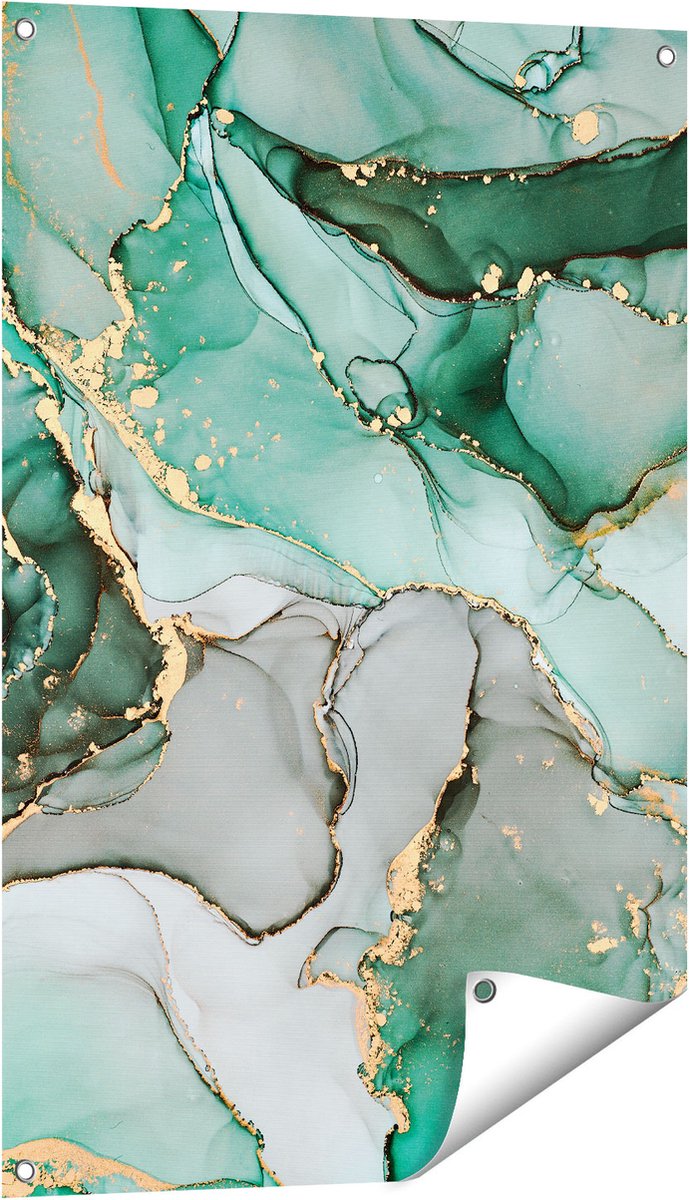 Gards Tuinposter Abstracte Kunst - Blauwe Marmer met Goud - 60x90 cm - Tuindoek - Tuindecoratie - Wanddecoratie buiten - Tuinschilderij Multikleur