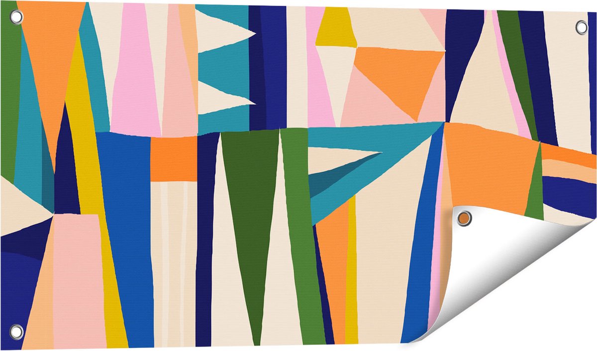 Gards Tuinposter Abstracte Kleurrijke Kunst - Driehoeken - 80x40 cm - Tuindoek - Tuindecoratie - Wanddecoratie buiten - Tuinschilderij Multikleur