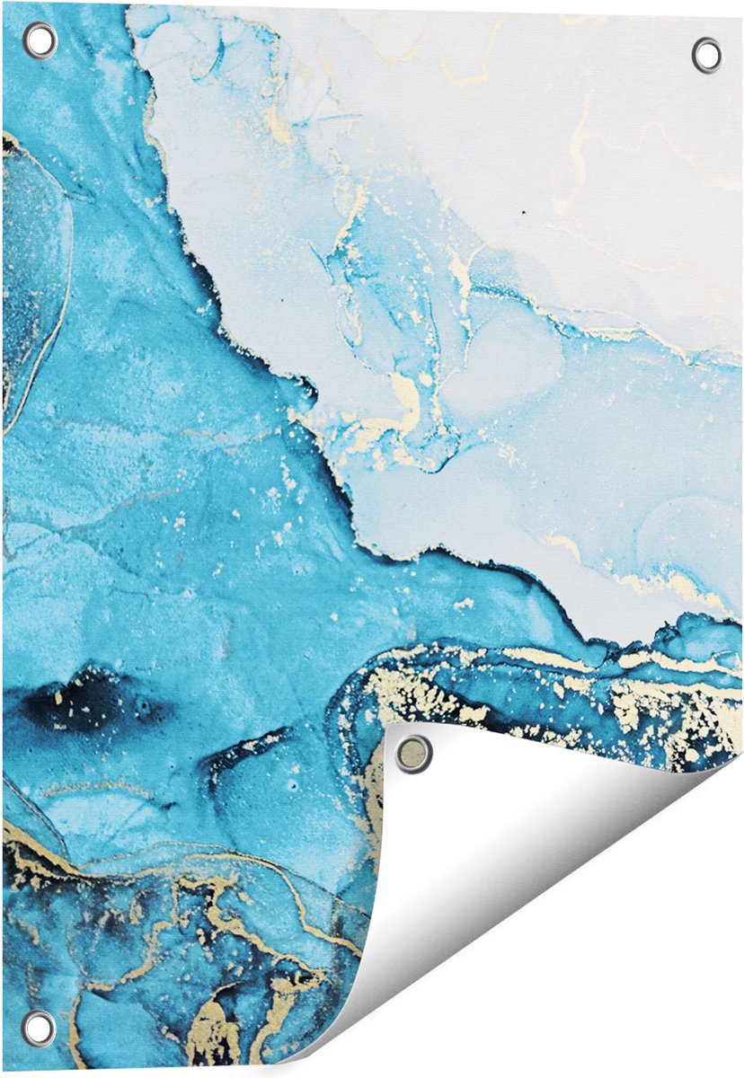 Gards Tuinposter Abstracte Kunst van Blauwe Marmer met Goud - 40x50 cm - Tuindoek - Tuindecoratie - Wanddecoratie buiten - Tuinschilderij Multikleur