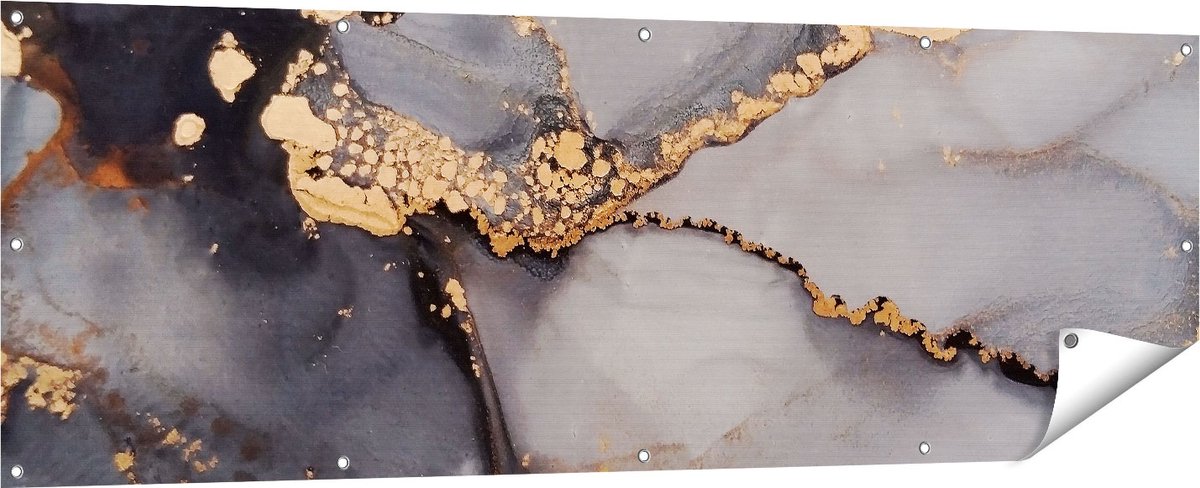Gards Tuinposter Abstracte Kunst - Grijze Marmer met Goud - 180x60 cm - Tuindoek - Tuindecoratie - Wanddecoratie buiten - Tuinschilderij Multikleur