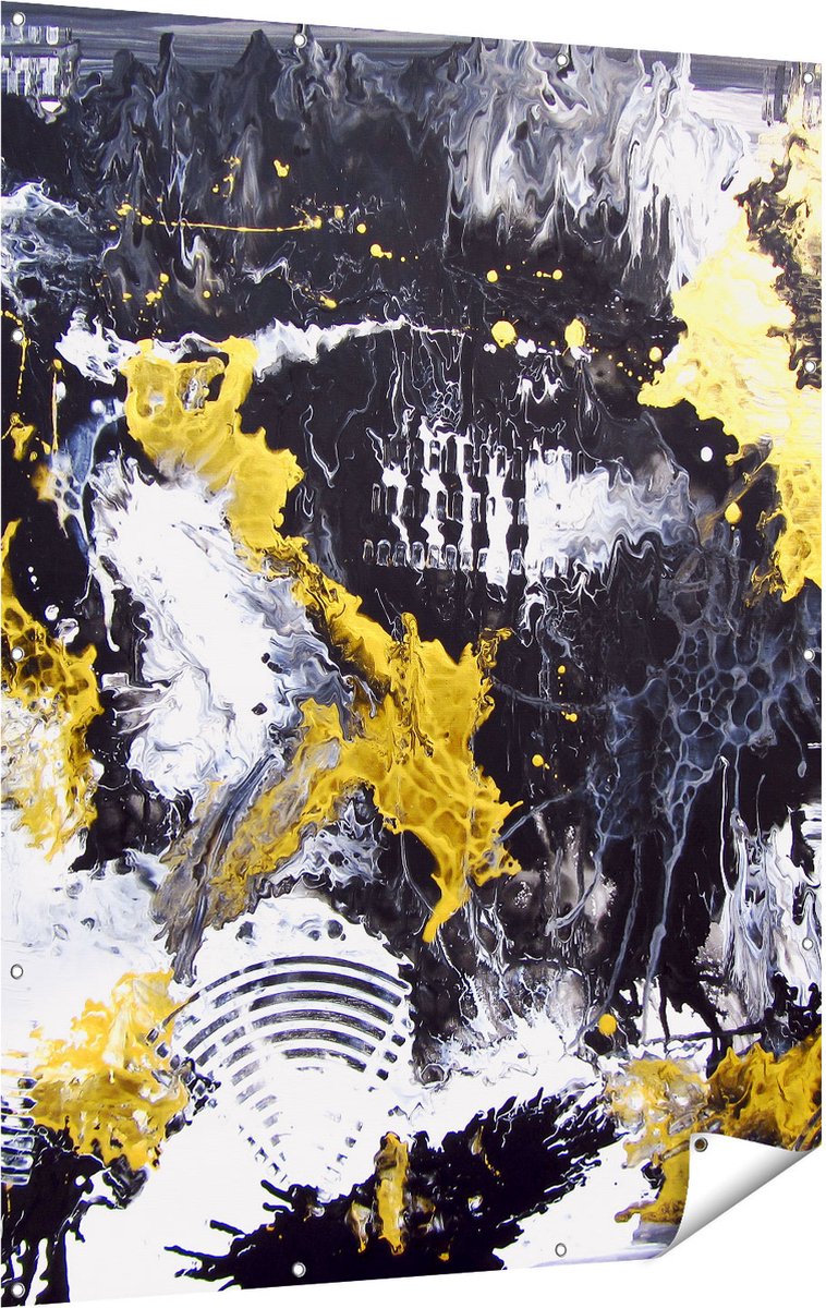 Gards Tuinposter Abstracte Kunst met Zwart, Wit en Goud - 120x160 cm - Tuindoek - Tuindecoratie - Wanddecoratie buiten - Tuinschilderij Multikleur