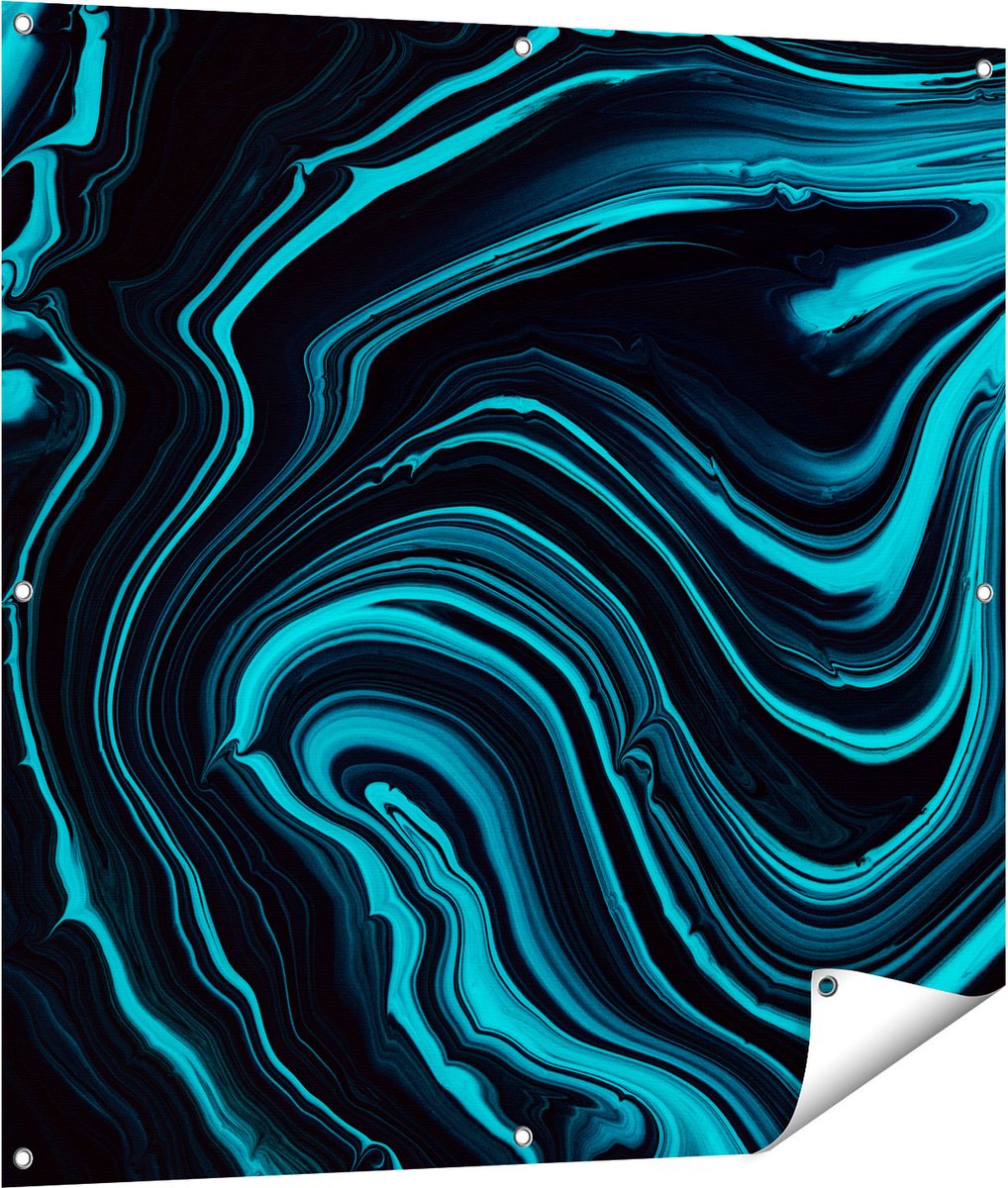 Gards Tuinposter Abstracte Kunst - Aqua Blauw met Zwart - 100x100 cm - Tuindoek - Tuindecoratie - Wanddecoratie buiten - Tuinschilderij Multikleur