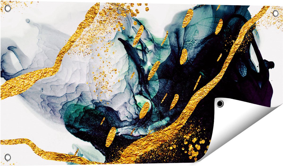 Gards Tuinposter Abstracte Kunst - Zwart Wit met Gouden Strepen - 80x40 cm - Tuindoek - Tuindecoratie - Wanddecoratie buiten - Tuinschilderij Multikleur