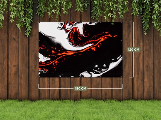 Gards Tuinposter Abstracte Kunst - Zwart en Wit met Rood - 180x120 cm - Tuindoek - Tuindecoratie - Wanddecoratie buiten - Tuinschilderij