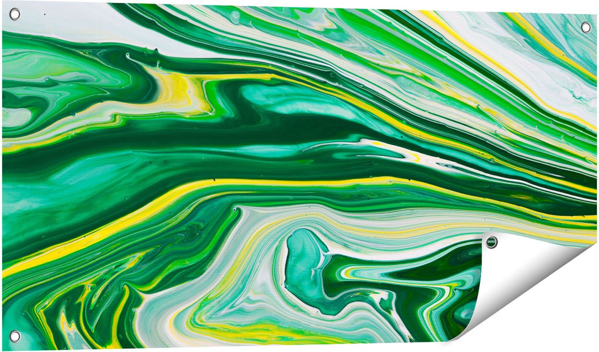 Gards Tuinposter Abstracte Kunst - Groen met Gele Verf - 100x50 cm - Tuindoek - Tuindecoratie - Wanddecoratie buiten - Tuinschilderij Multikleur