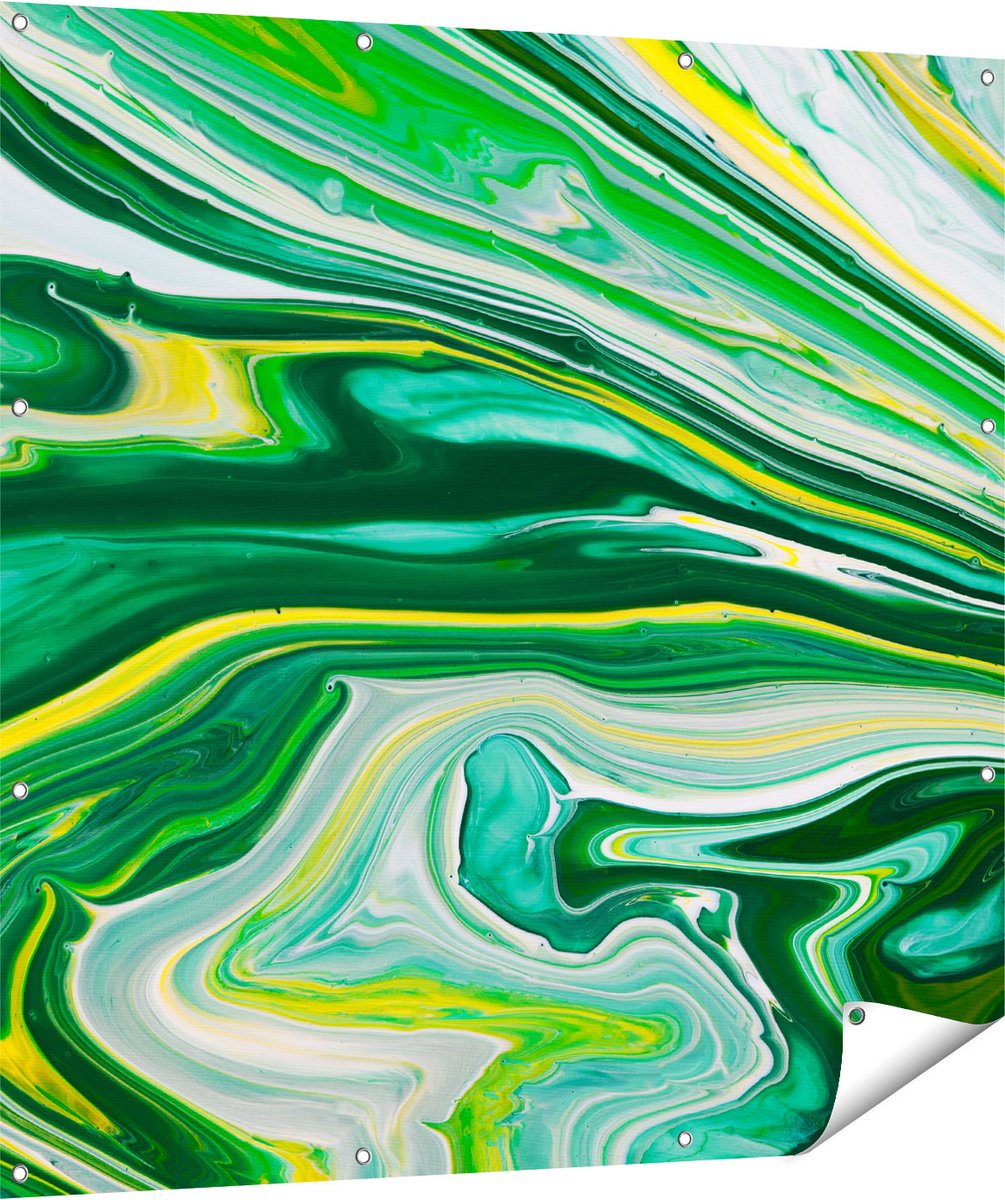 Gards Tuinposter Abstracte Kunst - Groen met Gele Verf - 120x120 cm - Tuindoek - Tuindecoratie - Wanddecoratie buiten - Tuinschilderij Multikleur