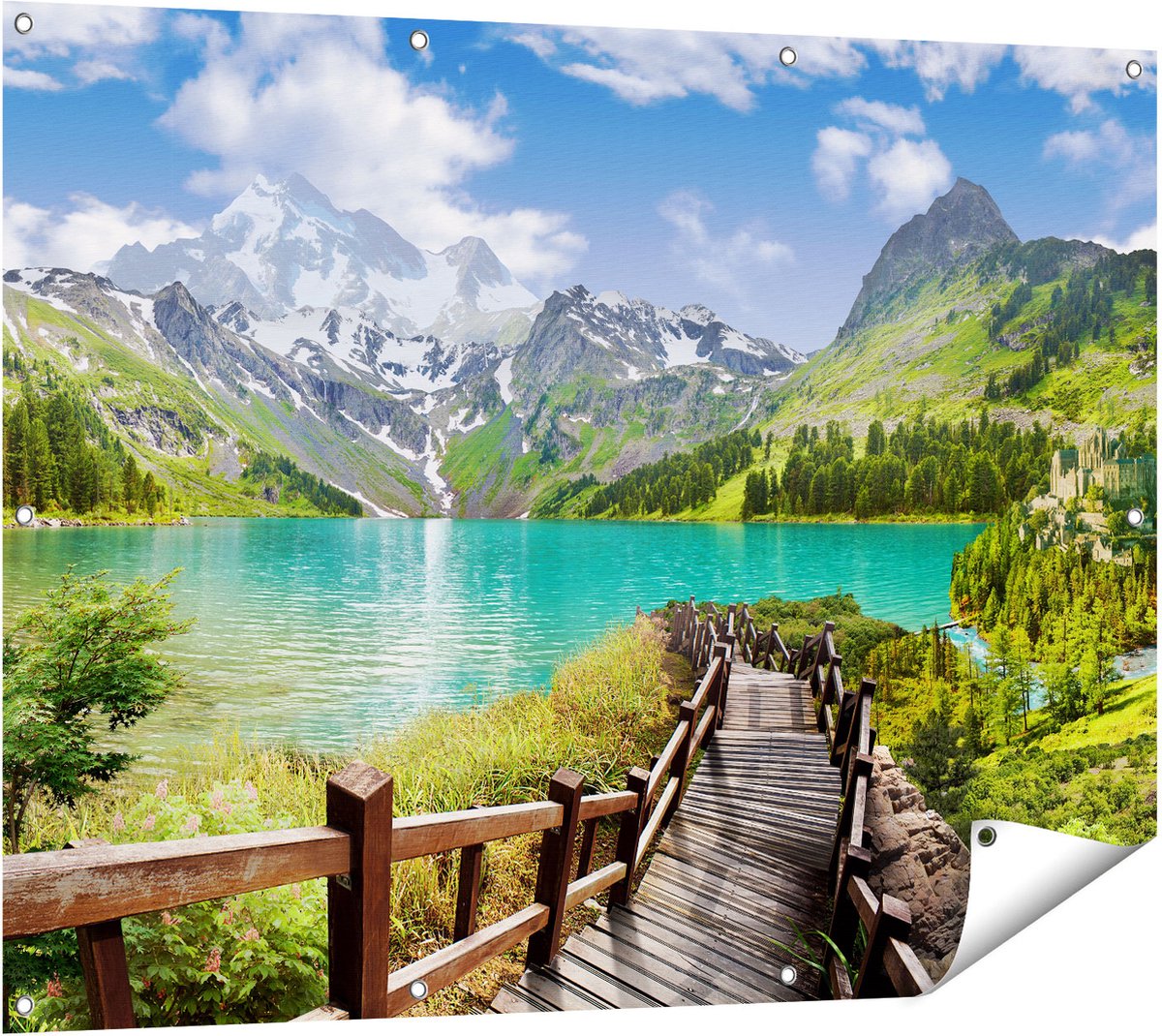 Gards Tuinposter Pad naar een Helder Blauw Meer in de Bergen - 120x90 cm - Tuindoek - Tuindecoratie - Wanddecoratie buiten - Tuinschilderij Multikleur
