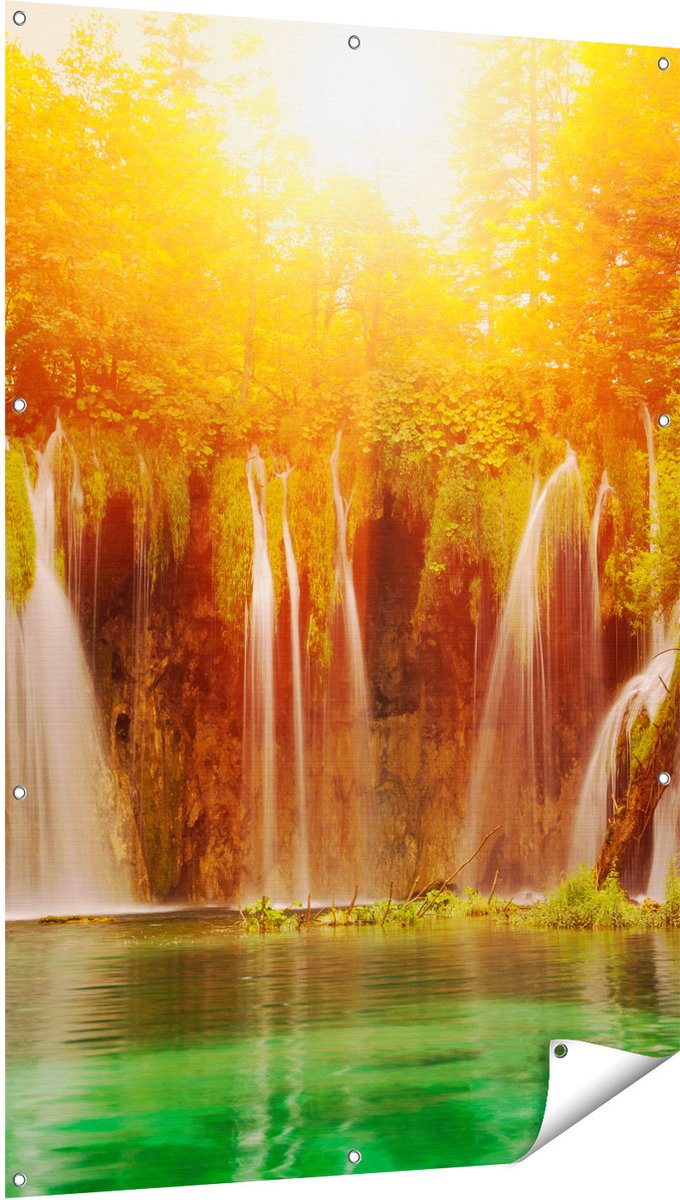 Gards Tuinposter Watervallen bij het Groene Meer met Zon - 100x150 cm - Tuindoek - Tuindecoratie - Wanddecoratie buiten - Tuinschilderij Multikleur