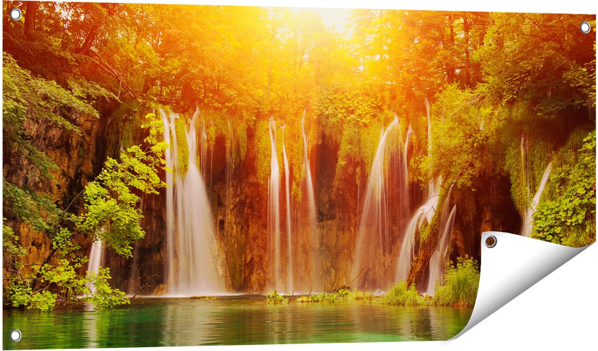 Gards Tuinposter Watervallen bij het Groene Meer met Zon - 100x50 cm - Tuindoek - Tuindecoratie - Wanddecoratie buiten - Tuinschilderij Multikleur