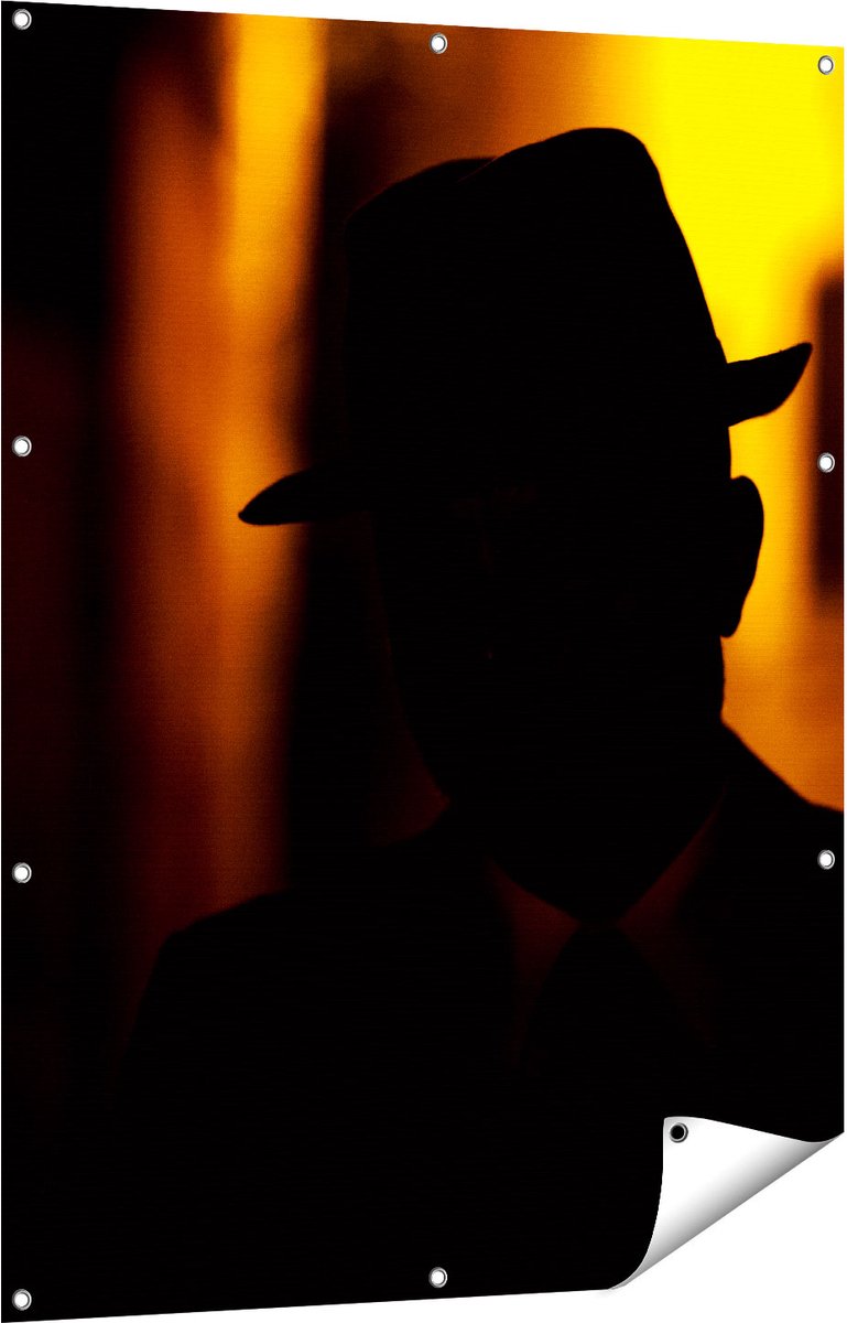 Gards Tuinposter Silhouet van een Man met een Hoed - 90x120 cm - Tuindoek - Tuindecoratie - Wanddecoratie buiten - Tuinschilderij Multikleur