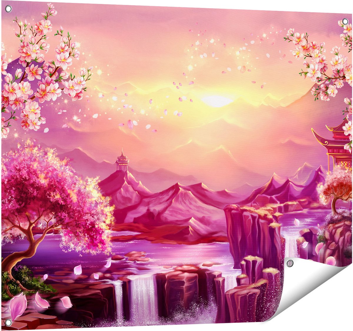 Gards Tuinposter Illustratie van Watervallen met Bloesems - 100x80 cm - Tuindoek - Tuindecoratie - Wanddecoratie buiten - Tuinschilderij Multikleur