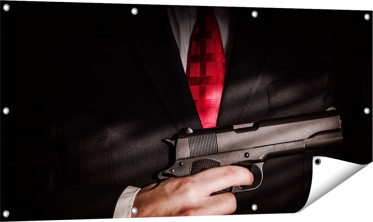 Gards Tuinposter Man van de Maffia met een Pistool Vast - 120x60 cm - Tuindoek - Tuindecoratie - Wanddecoratie buiten - Tuinschilderij Multikleur