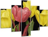Glasschilderij -  Tulpen - Roze, Geel, Groen - 100x70cm 5Luik - Geen Acrylglas Schilderij - GroepArt 6000+ Glasschilderijen Collectie - Wanddecoratie- Foto Op Glas