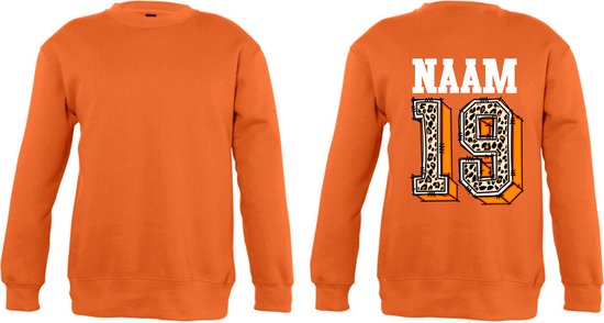 Sweater oranje kind met naam geboortejaar als rugnummer-Maat