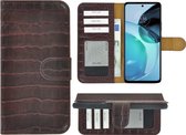 Motorola Moto G53 Hoesje - Bookcase - Moto G53 Hoesje Book Case Wallet Echt Leer Croco Kastanjebruin Cover