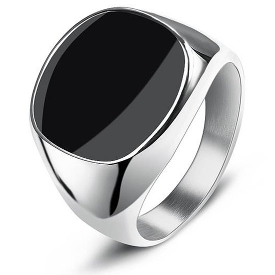 Zegelring Heren Zilver kleurig met Zwarte Steen - Staal - Ring Ringen Mannen - Cadeau voor Man - Mannen Cadeautjes