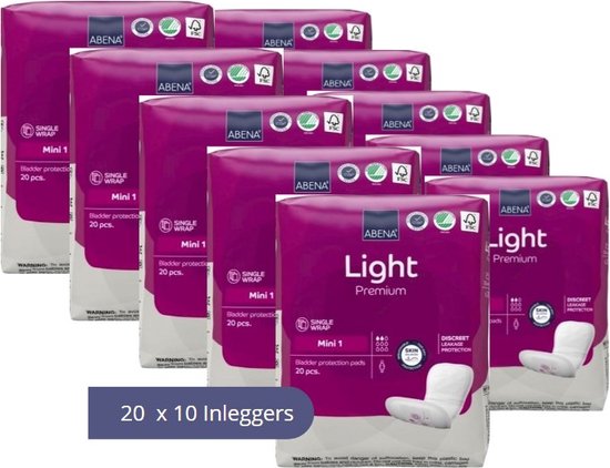 Tien verpakkingen Abena Light Mini 1 (20 stuks per verpakking), roze, met witte inleggers met roze bloemenpatroon.