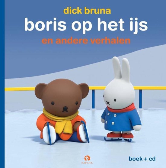 Boris de beer en Nijntje in schaatskleding op een ijsbaan. Boris draagt een oranje sjaal, Nijntje een blauwe jas.