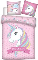 Dekbedovertrek Unicorn- Eenhoorn- 140x200- 1 persoons- 100% polyester- dubbelzijdig geprint- kussen 63x63 cm.