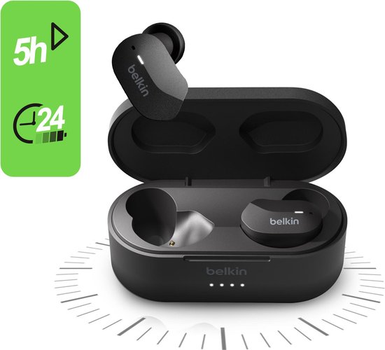 Zwarte Belkin oordopjes in een open zwarte oplaadcase, met '5h play' en '24h charge' icoon.