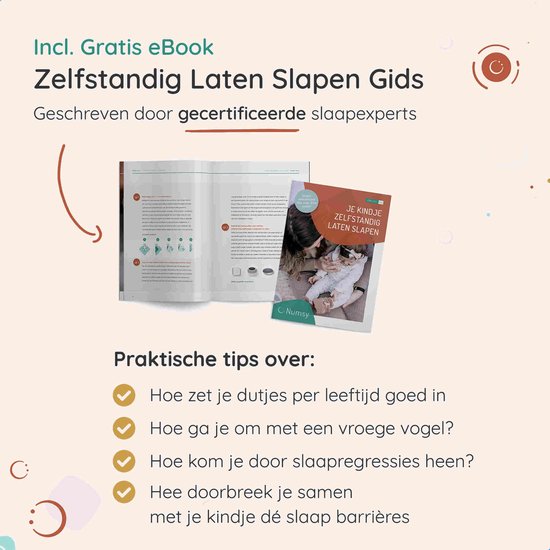 Afbeelding van het Numsy 'Zelfstandig Laten Slapen Gids' e-book en boek.