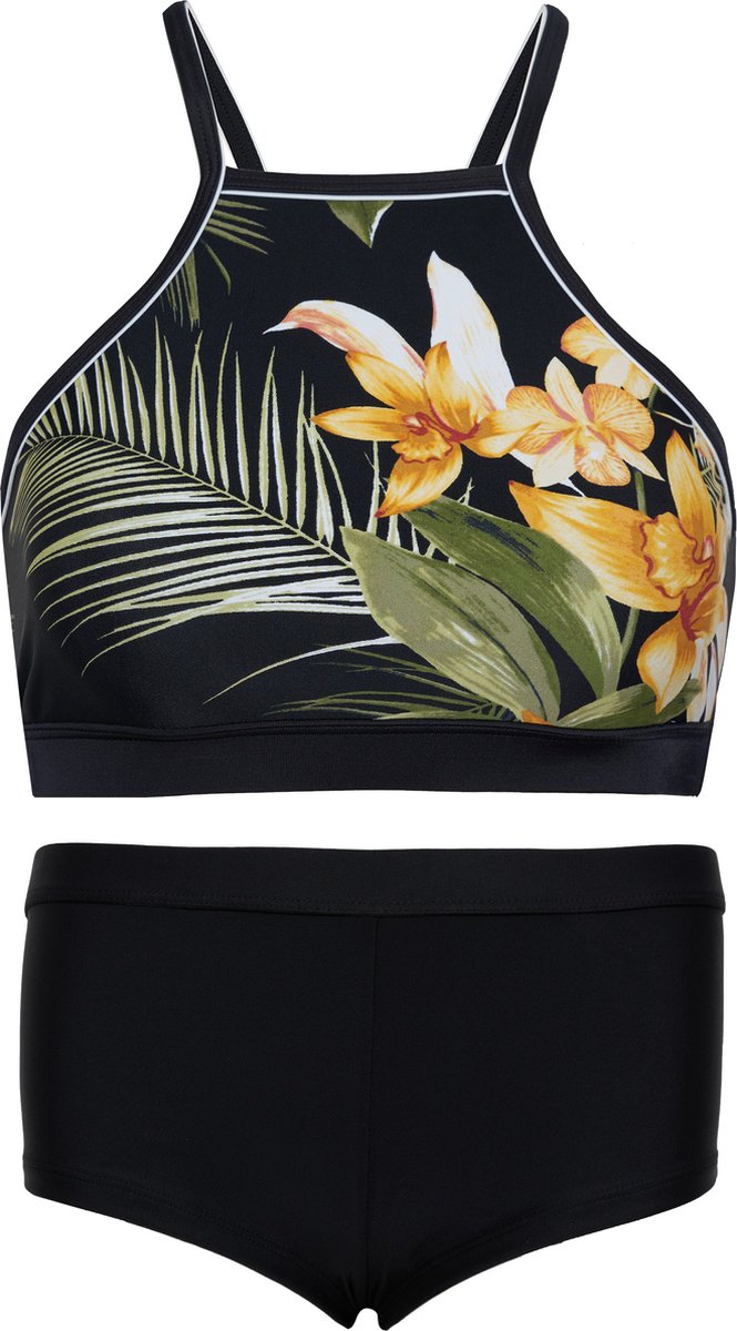 La V Bikini hipster broekje en crop top met racerback - La palma 164-170 Zwart/geel