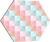 Dibond Hexagon - Blokpatroon van Blauw, Bruin en Roze Vakken - 60x52.2 cm Foto op Hexagon (Met Ophangsysteem)