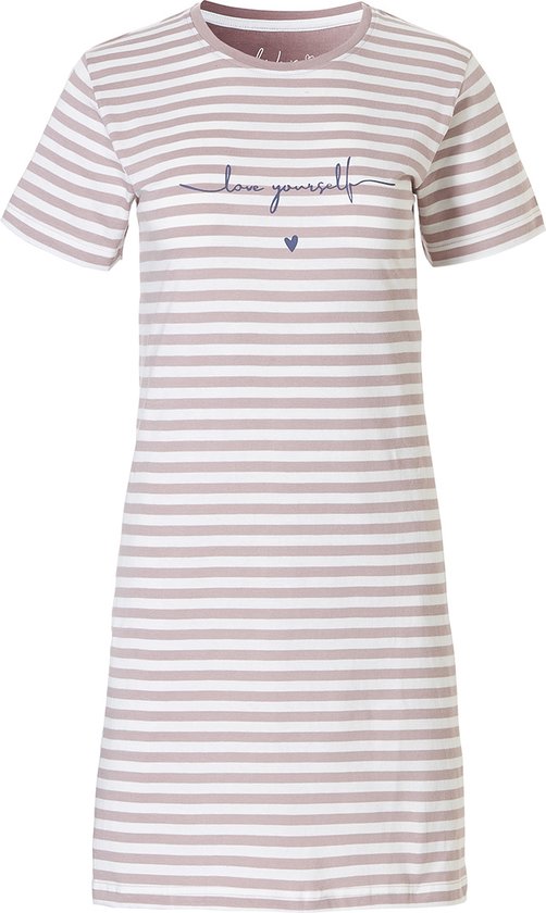 By Louise Dames Nachthemd Love Yourself Korte Mouw Gestreept Soft Roze - Maat M | big shirt | slaaphemd