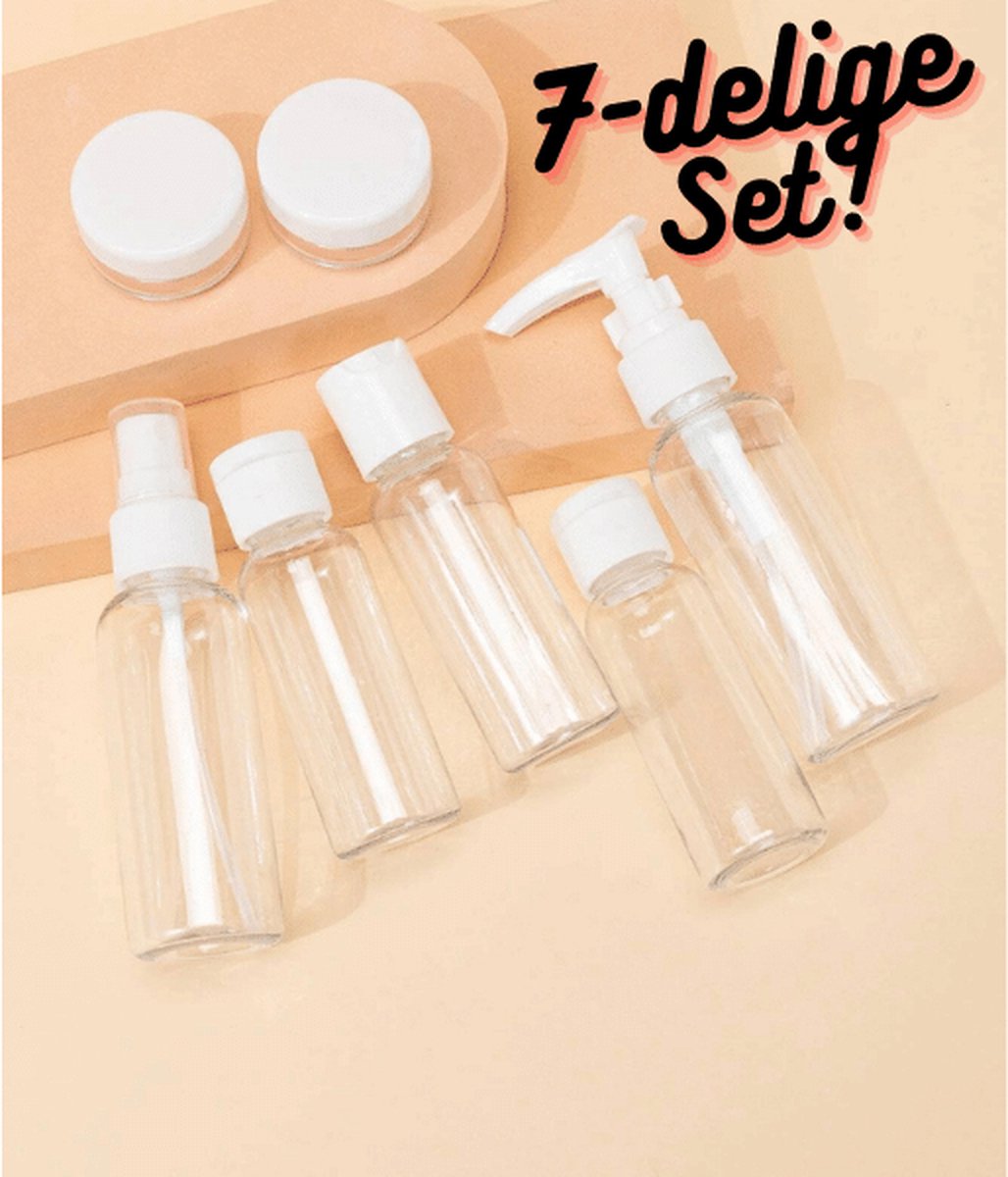 HOME ONLINE® Reisflesjes met Etui - Geschikt voor Handbagage & Vliegtuig + Etui - Navulbaar - Reis Toilettas - Mini Shampoo & Reispotjes - Hervulbaar - Set 7-Delig