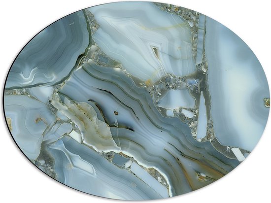 Dibond Ovaal - Luxe Wit met Gouden Marmer - 56x42 cm Foto op Ovaal (Met Ophangsysteem)
