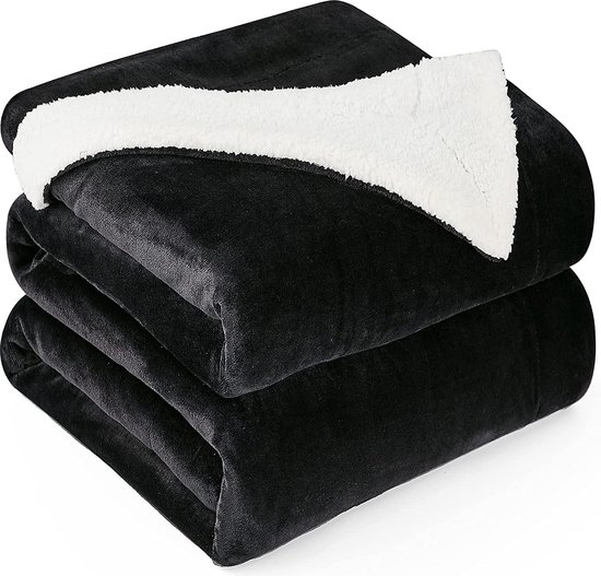 VOXO® Couverture polaire sherpa de Luxe - Super douce, chaude et moelleuse - Plaid pour Décoration de canapé, lit ou salon - 200 x 240 cm Zwart