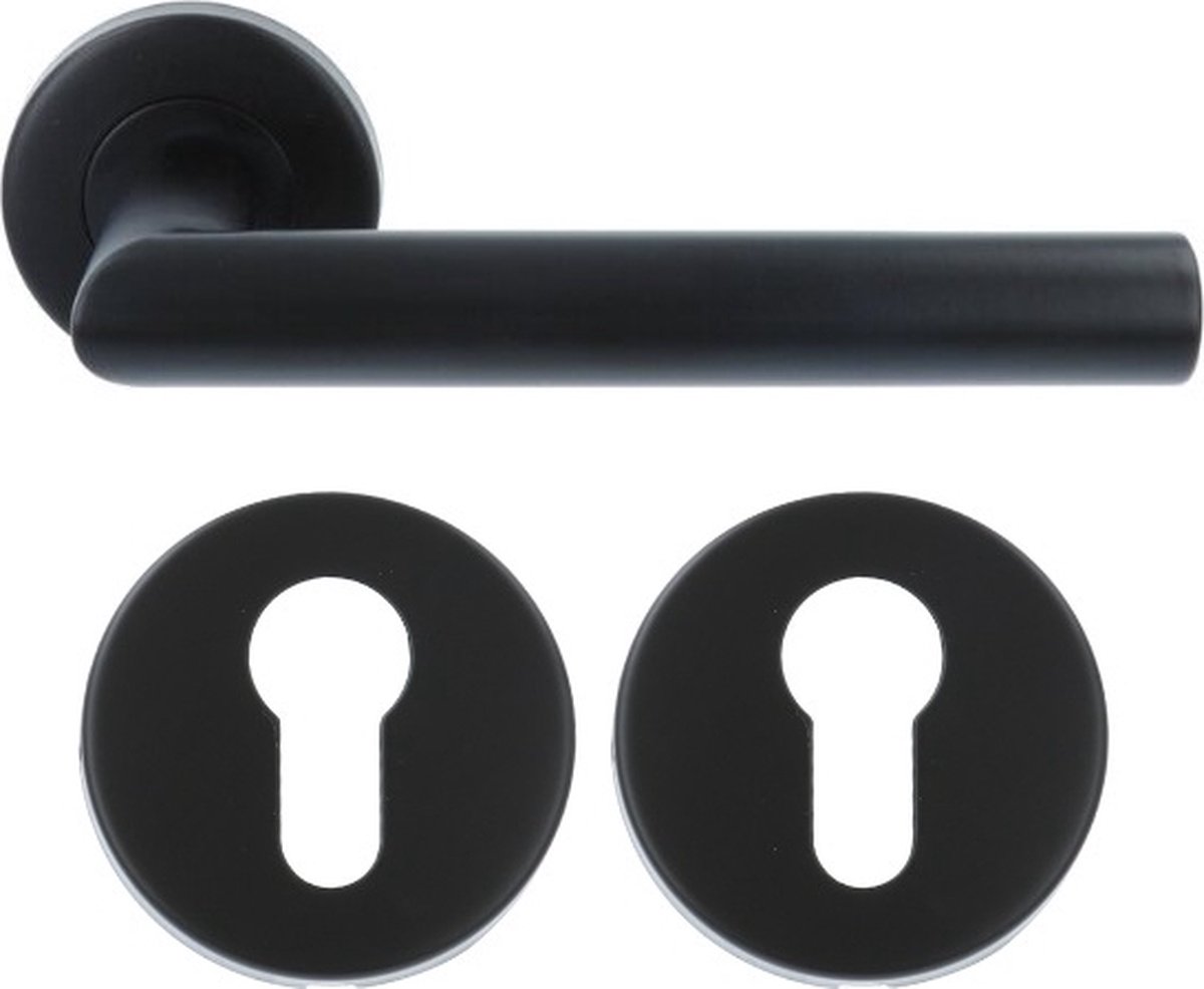 ODShop deurkruk Modern haaks op rond rozet mat zwart + cilinderplaatjes