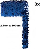 3x Pailletten band breed elastisch blauw 2,7cm x 3 meter - Paillet thema party festival kleding feest
