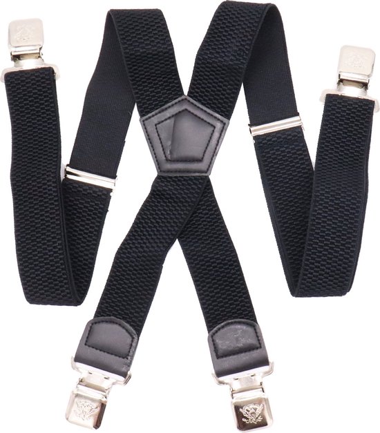 Zwarte bretels met zilverkleurige clips en een pentagonvormig verbindingsstuk.