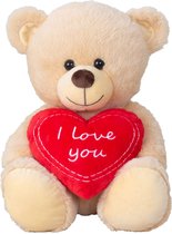 Teddy beer knuffel van zachte pluche - met liefdes hartje - 30 cm - zittend - Valentijn/bruiloft/liefde knuffelbeer