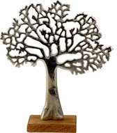 Decoratie levensboom - Tree of Life - aluminium/hout - 23 x 26 cm - zilver kleurig - Home deco