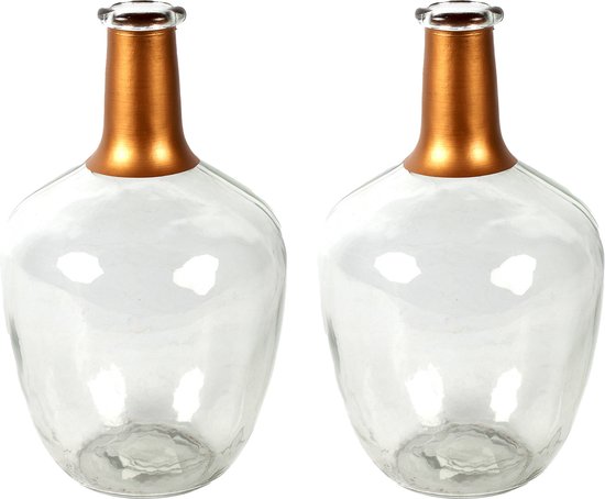 Countryfield Bloemenvaas Firm Big Bottle - 2x - helder transparant/koper - glas - D15 x H25 cm