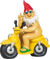 Tuinkabouter beeld Happy Nudist - Polystone - Op scooter - 28 x 26 cm - Origineel fun kado